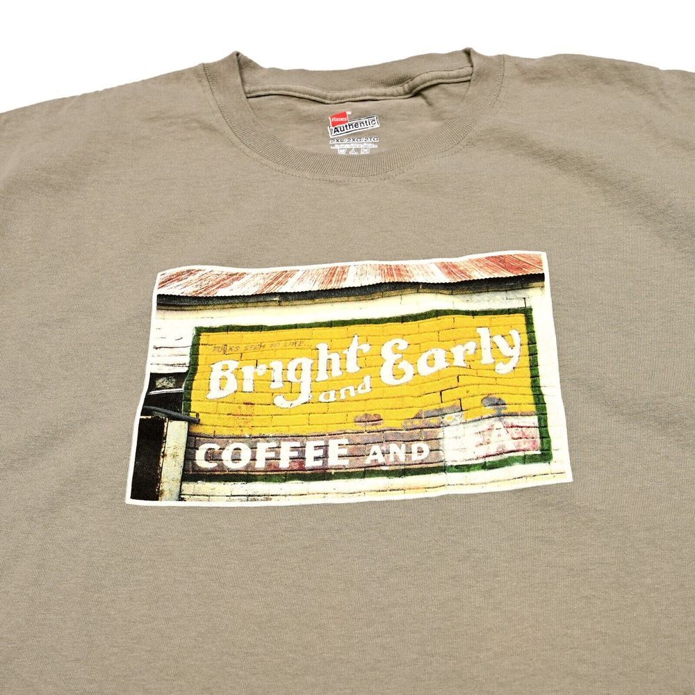 Vintage Bright & Early Coffee Tea Photo T-Shirt 2XL Moss Green Graphic Retro EUC